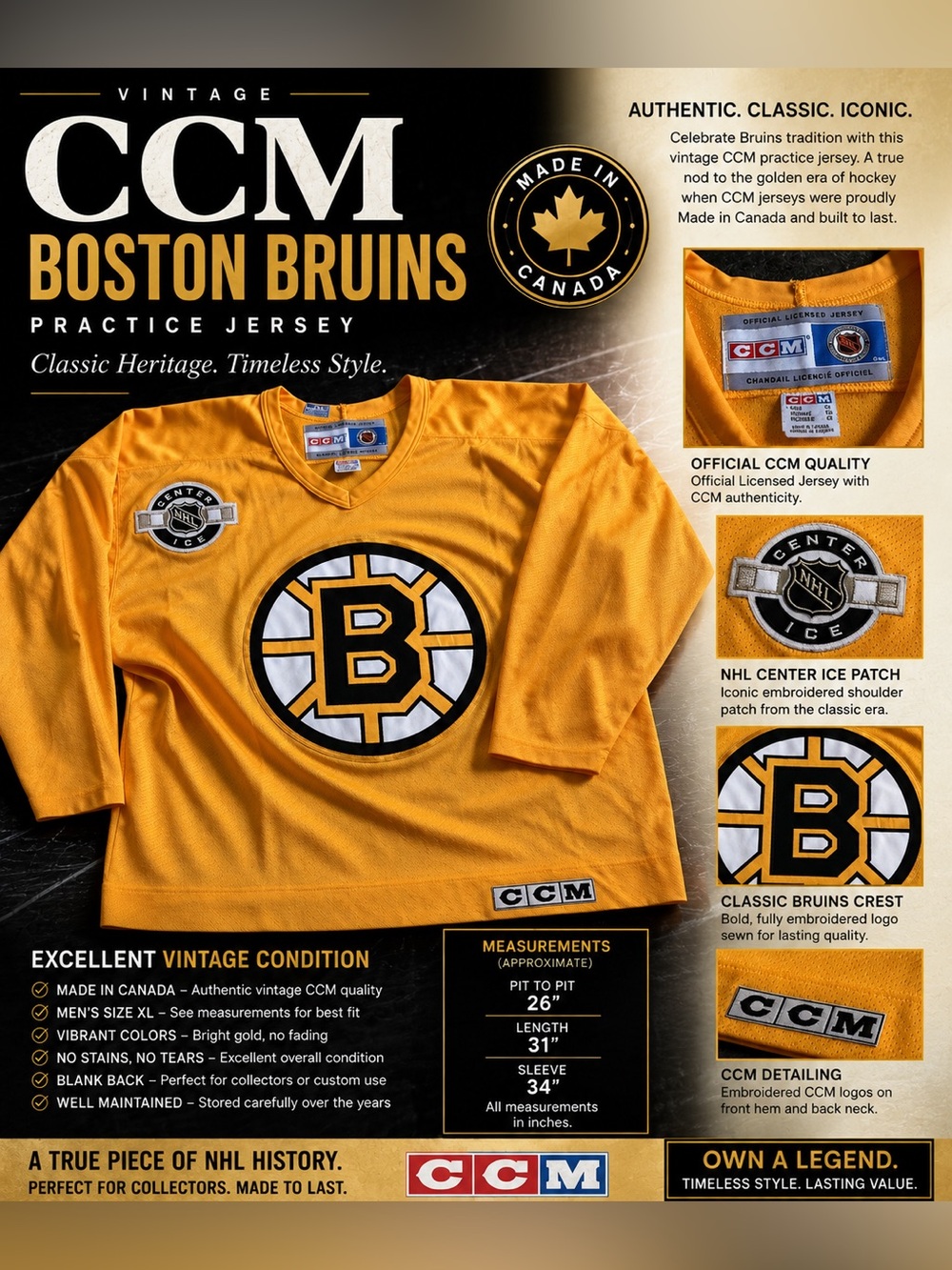 Vintage CCM Boston Bruins NHL Center Ice Gold Practice Jersey Made in Canada